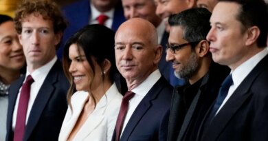 Mark Zuckerberg, chief executive officer of Meta Platforms Inc., from left, Lauren Sanchez, Jeff Bezos, founder of Amazon.com Inc., Sundar Pichai, chief executive officer of Alphabet Inc., and Elon Musk, chief executive officer of Tesla Inc., during the 60th presidential inauguration in the rotunda of the US Capitol in Washington, DC, US, on Monday, Jan. 20, 2025. Donald Trump's Monday swearing-in marks just the second time in US history that a president lost the office and managed to return to power - a comeback cementing his place within the Republican Party as an enduring, transformational figure rather than a one-term aberration.