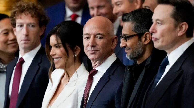 Mark Zuckerberg, chief executive officer of Meta Platforms Inc., from left, Lauren Sanchez, Jeff Bezos, founder of Amazon.com Inc., Sundar Pichai, chief executive officer of Alphabet Inc., and Elon Musk, chief executive officer of Tesla Inc., during the 60th presidential inauguration in the rotunda of the US Capitol in Washington, DC, US, on Monday, Jan. 20, 2025. Donald Trump's Monday swearing-in marks just the second time in US history that a president lost the office and managed to return to power - a comeback cementing his place within the Republican Party as an enduring, transformational figure rather than a one-term aberration.
