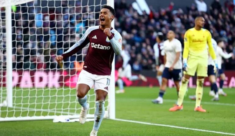 Ollie Watkins of Aston Villa scores his team's second goal during the Premier League match between Aston Villa and Nottingham Forest