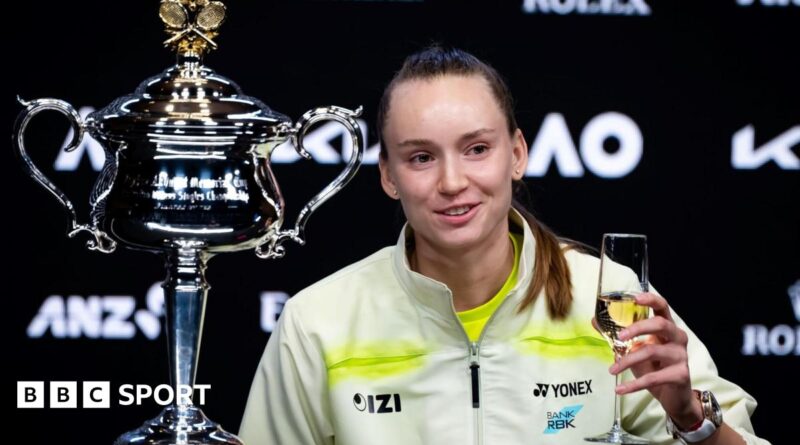 Elena Rybakina drinks champagne at her news conference after winning the Australian Open