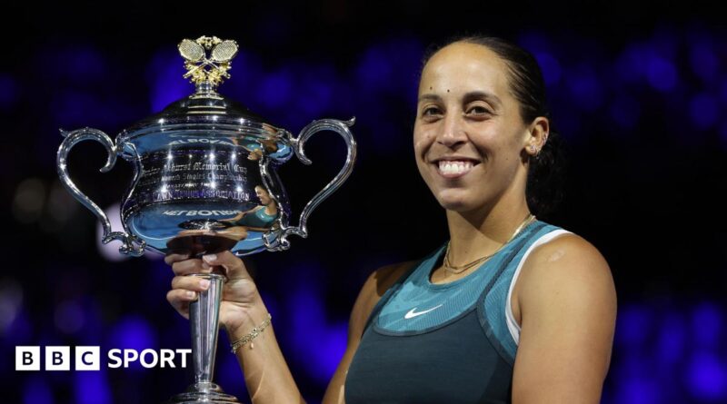Madison Keys poses with the Australian Open trophy after winning the 2025 title