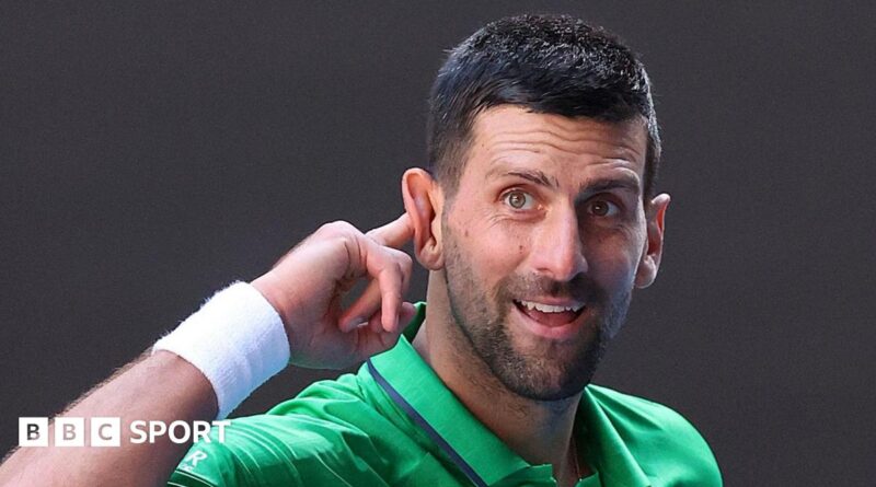 Novak Djokovic jokes with the crowd in a practice session at the 2026 Australian Open