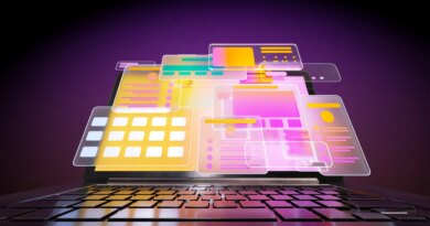 Digital generated animated video of multicoloured social media icons and data screens moving out from opened laptop against dark purple background.