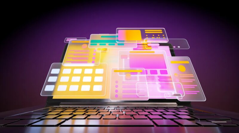 Digital generated animated video of multicoloured social media icons and data screens moving out from opened laptop against dark purple background.