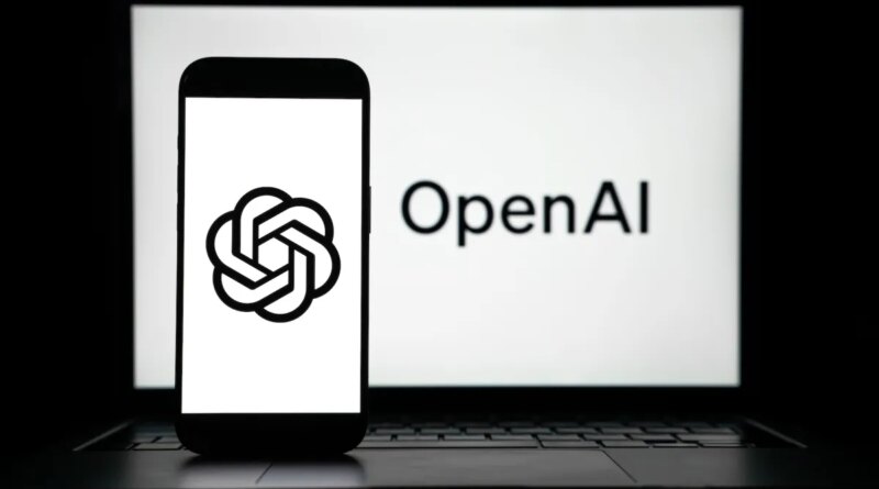 the logos of Open AI displayed on both computer and smart phone screen