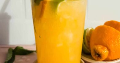 A glass of orange beverage with ice, garnished with lime, orange slice, and mint, sits on a coaster&mdash;a refreshing sip of nature