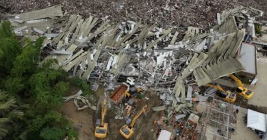 An aerial view after a huge mound of garbage collapsed at a waste segregation facility in Binaliw, Cebu city on Friday, Jan. 9, 2026. (AP Photo/Jacqueline Hernandez)