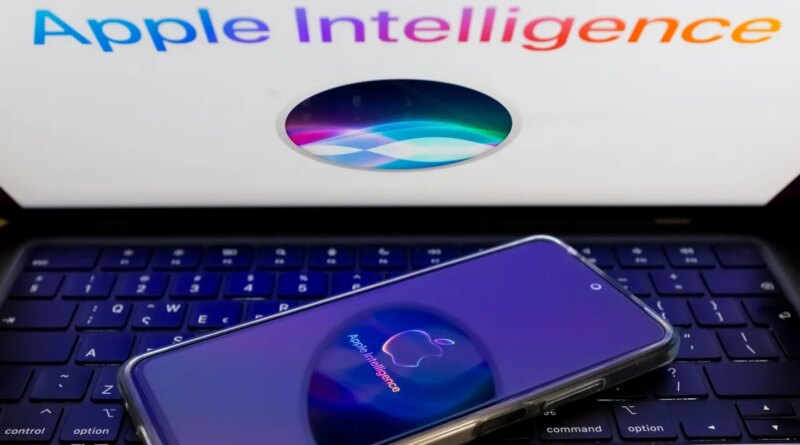 The Apple Siri and Apple Intelligence are being displayed on a smartphone screen and in the background.
