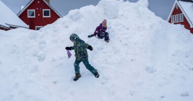 Two children in winter clothing play on a large mound of snow in front of red houses.