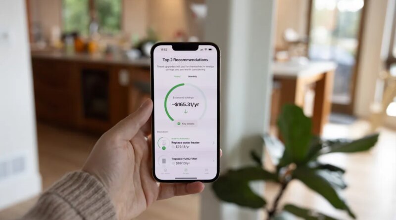 A person holds a phone showing an energy efficiency app.