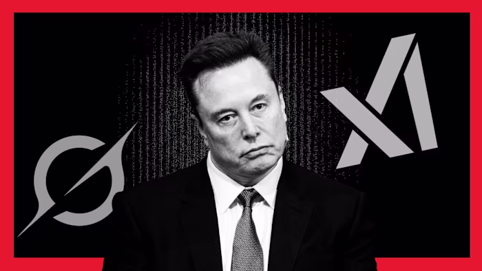 Elon Musk in a suit appears in front of the XAI and Grok logos on a black background with a red border.