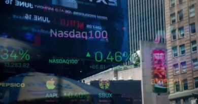 Stock market information at the Nasdaq MarketSite in New York, US, on Friday, June 9, 2023.