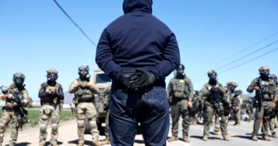 Federal agents block people protesting an ICE immigration raid at a nearby licensed cannabis farm on July 10, 2025 near Camarillo, California.