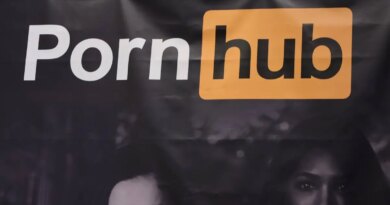 A sign hangs at the Pornhub booth at the 2023 AVN Adult Entertainment Expo at Resorts World Las Vegas on January 06, 2023 in Las Vegas, Nevada.