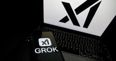 The Grok logo appears on a phone and the xAI logo is displayed on a laptop.