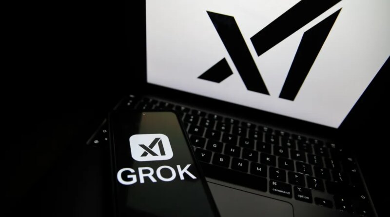 The Grok logo appears on a phone and the xAI logo is displayed on a laptop.