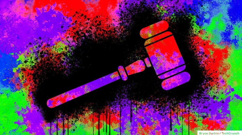 Concept illustration depicting messy litigation with an illustrated gavel on a multicolored background