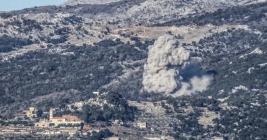 Smoke rises from the site of an Israeli airstrike that struck the hillsides near the southern Lebanese village of Al-Katrani on January 11, 2026.