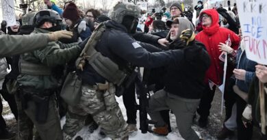 Protestors and armed federal agents struggle in close quarters, with shouting and signs visible amid a snowy street demonstration.