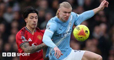 Lisandro Martinez and Erling Haaland fight for possession in the Manchester derby
