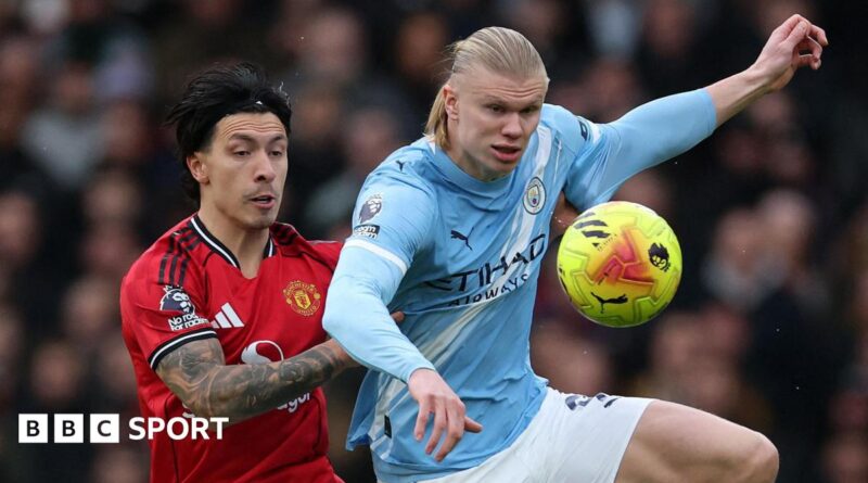 Lisandro Martinez and Erling Haaland fight for possession in the Manchester derby