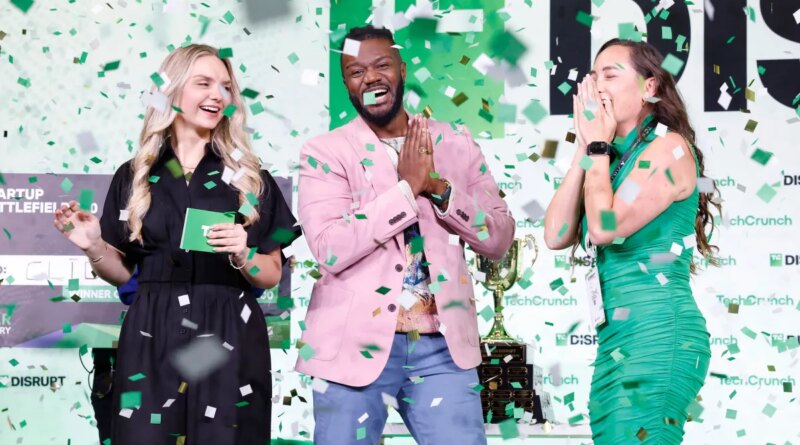 Kevin A. Damoa, Founder & CEO, Glīd, Claire Kroft and Ankit Malhotra, winners of the Startup Battlefield 2025, pose onstage during day three of TechCrunch Disrupt 2025 at Moscone Center on October 29, 2025 in San Francisco, California.