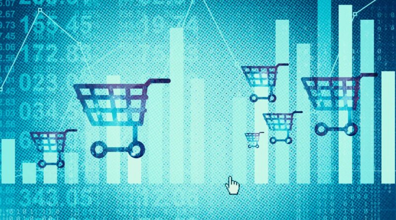 Multiple shopping carts over a data background to illustrate customer data.