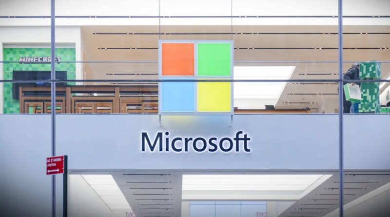 A Microsoft store entrance with the company's logo on top in midtown Manhattan