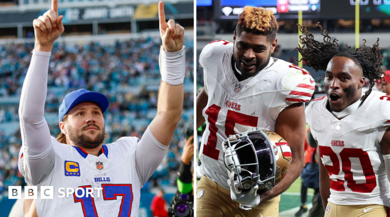 Josh Allen holds his arms aloft and Jauan Jennings celebrates with Upton Stout