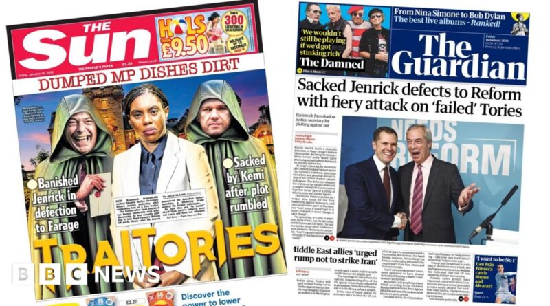 Newspaper headlines: 'Sacked Jenrick defects' and 'Traitories'
