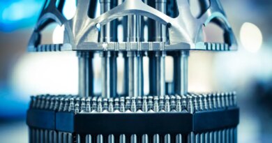 Nuclear fuel rods sit ready for insertion into a reactor.