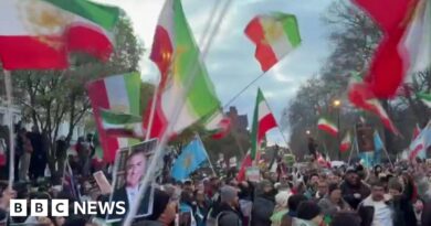 Protester climbs onto balcony of Iranian embassy in London