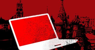 graphic depiction of open laptop overlaying Red Square in Moscow
