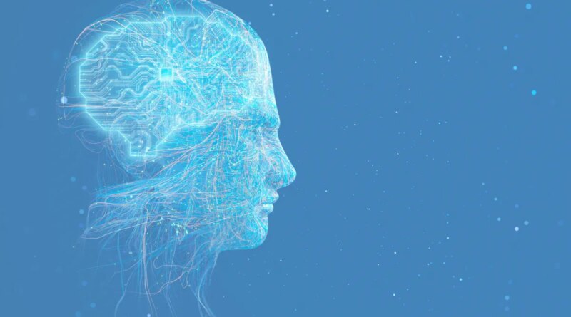 Artificial General Intelligence robot with a glowing circuit brain.