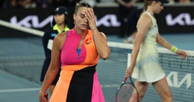 Aryna Sabalenka reacts in the Women's Singles Final against Elena Rybakina of Kazakhstan during day 14 of the 2026 Australian Open at Melbourne Park