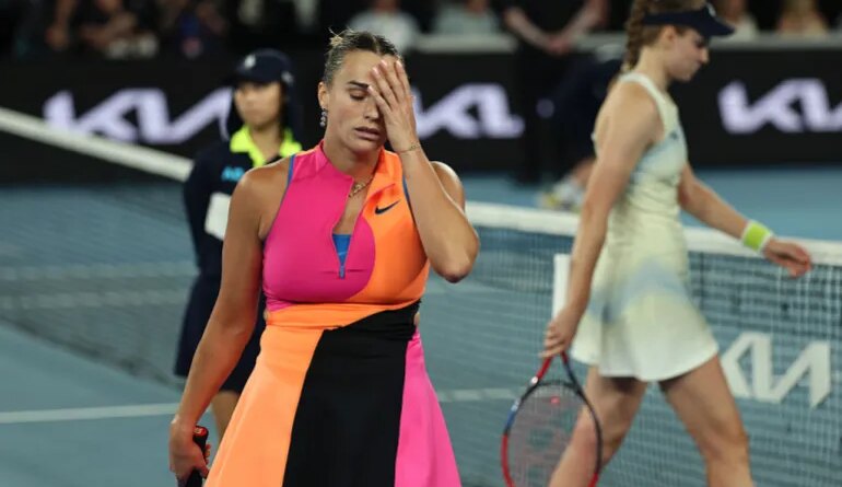 Aryna Sabalenka reacts in the Women's Singles Final against Elena Rybakina of Kazakhstan during day 14 of the 2026 Australian Open at Melbourne Park