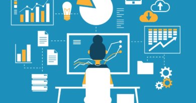 Drawing depicting Data monitoring and analysis concept with woman sitting at computer looking at data and various tables and graphs surrounding it.