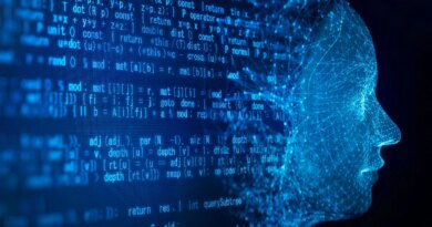 AI robot face and programming code on a black background.