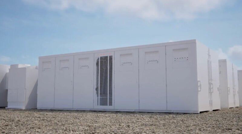 A rendering shows Tesla's Megablock energy storage system.