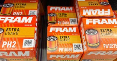 Boxes of Fram Extra Guard oil filters on a store shelf