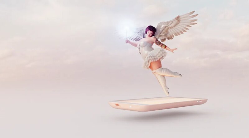 Overweight fairy with tattoos holding glowing wand to grant wish emerges from smart phone screen