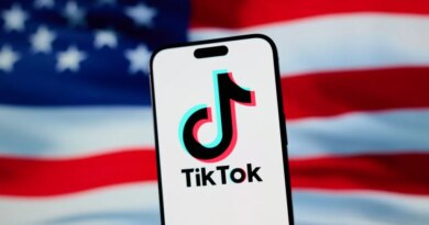 The TikTok app and logo are seen on a mobile device in front of a US flag