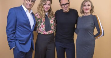 FILE - Eugene Levy, from left, Annie Murphy, Daniel Levy and Catherine O'Hara cast members in the series "Schitt's Creek" pose for a portrait during the 2018 Television Critics Association Winter Press Tour in Pasadena, Calif., on Jan. 14, 2018. (Photo by Willy Sanjuan/Invision/AP, File)