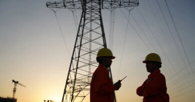 Two workers inspect high-tension power lines.
