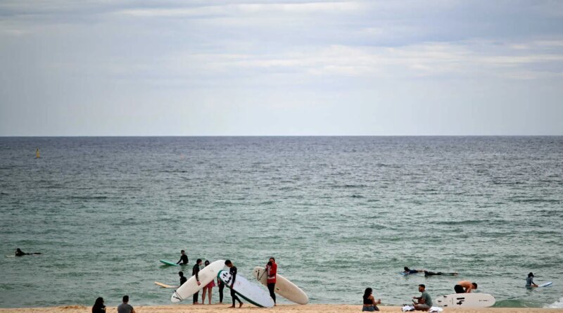 people with surfboards stand on a beach with the ocean behind them.