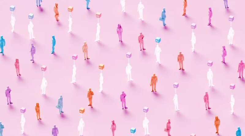 3D rendered conceptual illustration of numerous business figures evenly scattered across a soft pink background: solid colored human workers standing alongside identical translucent ghost-like figures, each translucent worker marked by a glowing “AI” symbol hovering above – powerful visualization of artificial intelligence replacing human workforce, solid employees mixed with their AI-replaced counterparts, automation displacing jobs, digital transformation eliminating roles, technological unemployment, workforce disruption, future of work with AI substitution, and the new era where real human workers are gradually replaced by artificial intelligence.