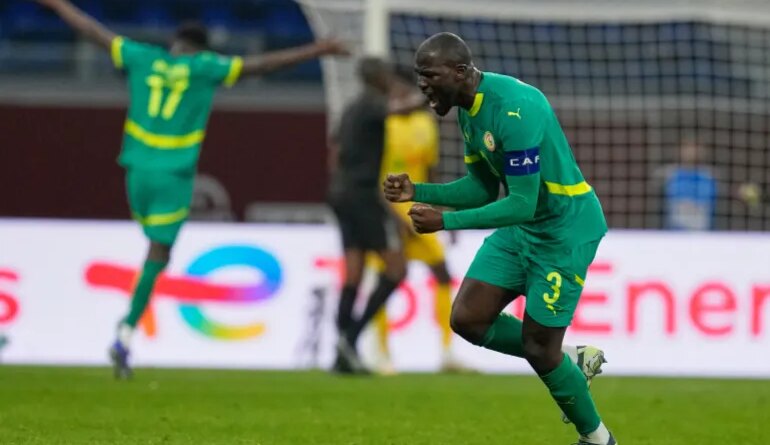 Senegal's Kalidou Koulibaly celebrates the second goal during the Africa Cup of Nations group D soccer match between Benin and Senegal in Tangier, Morocco, Tuesday, Dec. 30, 2025. (AP Photo/Themba Hadebe)