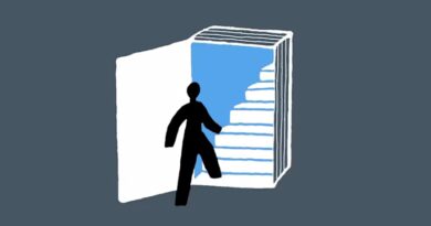 An illustration showing a person entering an open book, with stairs inside leading upward