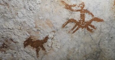 This image provided by Maxime Aubert shows cave drawings in Sulawesi, Indonesia of a human figure and a bird with a faded handprint in between them. (Maxime Aubert via AP)