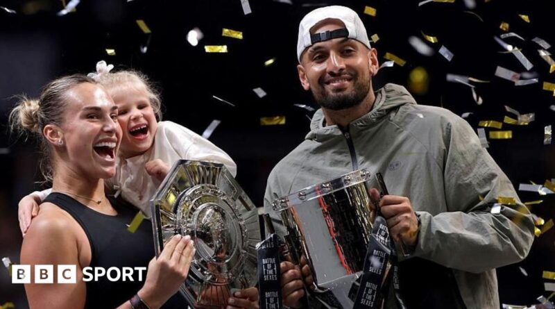 Aryna Sabalenka and Nick Kyrgios hug at the net
